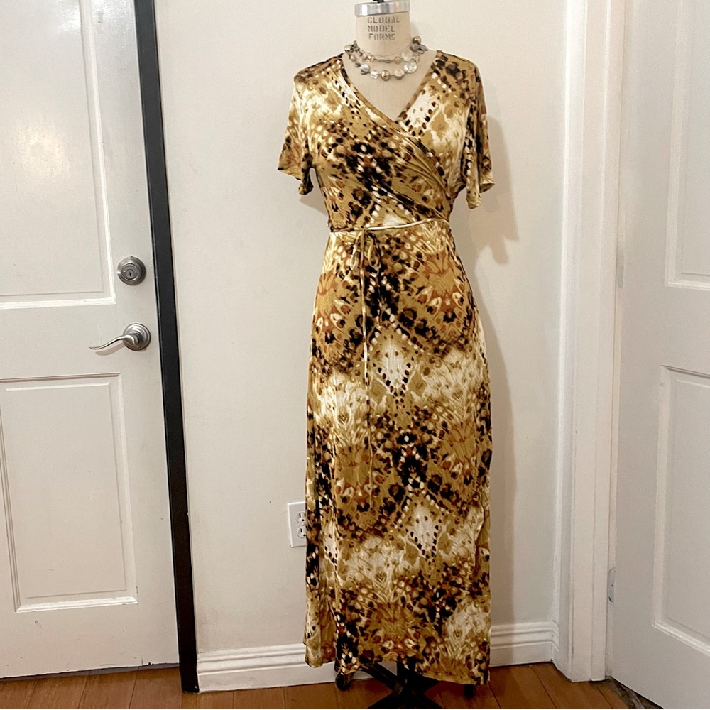 NWOT Animal Print Tan and Brown Wrap Maxi Dress